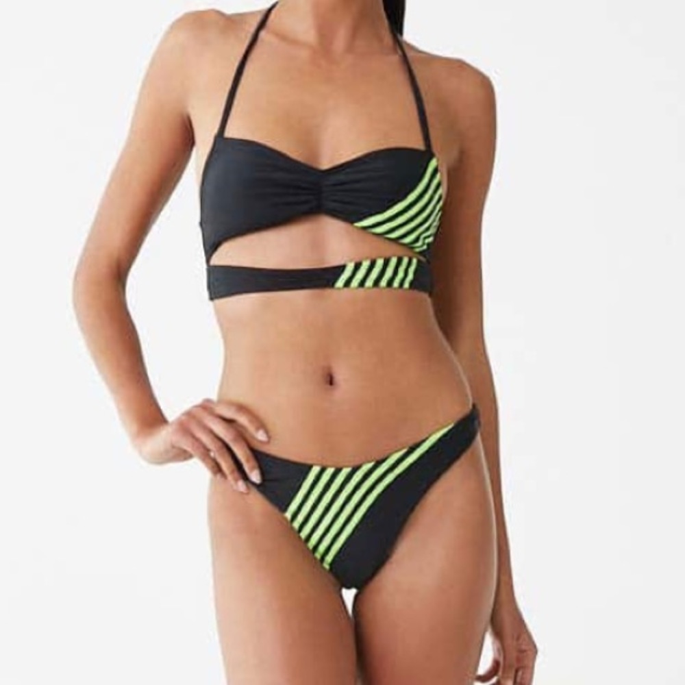 Sexy Cut Out Black & Neon Green Stripe Bikini Set